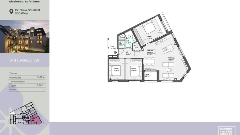 Grundriss der Erdgeschosswohnung TOP 4 mit drei Zimmern, Loggia und Gartenanteil.