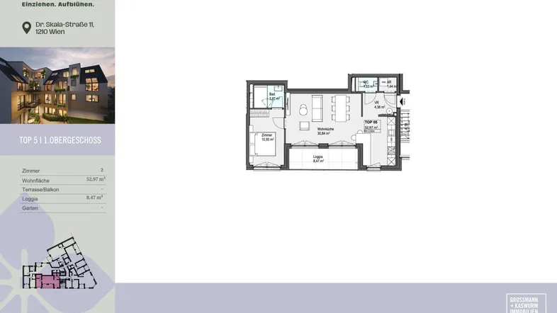 Grundriss der Wohnung Top 5 im Obergeschoss mit Loggia und offenem Wohnbereich.