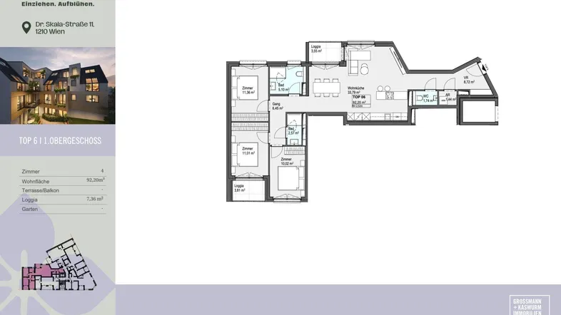 Grundriss der Wohnung Top 6 im 1. Obergeschoss mit Loggien und offenem Wohnbereich.