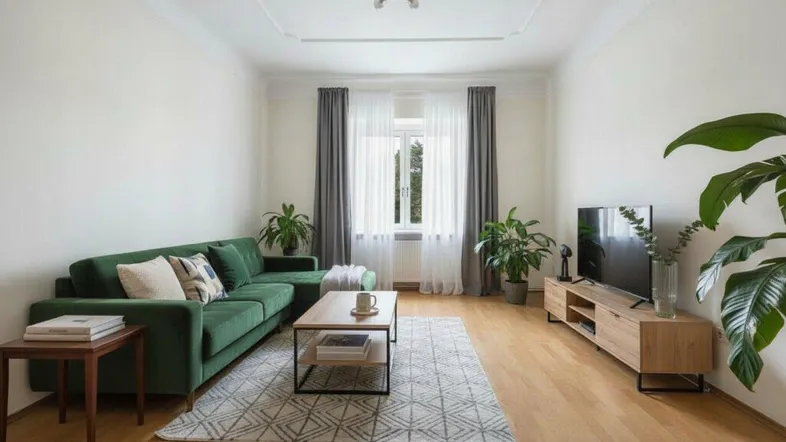 Helles Wohnzimmer mit grünem Sofa, Holzboden und modernem Dekor, ideal zum Entspannen.