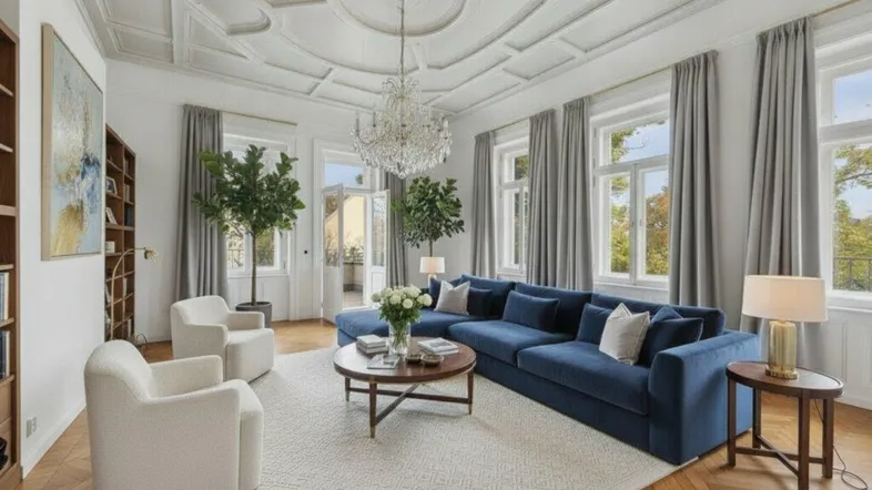 Elegantes Wohnzimmer mit blauem Sofa, Fischgrätparkett und einer prunkvollen Stuckdecke.