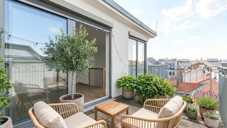 Möblierter Balkon mit Holzboden, Pflanzen und Blick über die Dächer der Stadt.