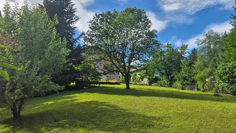 Großer, gepflegter Garten mit weitläufiger Rasenfläche und altem Baumbestand unter blauem Himmel.