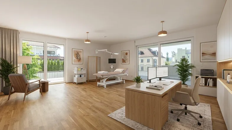 Modernes Büro oder Behandlungszimmer mit Holzboden, großen Fenstern und Zugang zu einem Balkon.