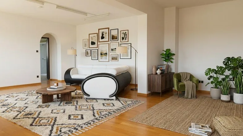 Helles Wohnzimmer mit modernem Sofa, Holzboden, dekorativer Bilderwand und Pflanzen.