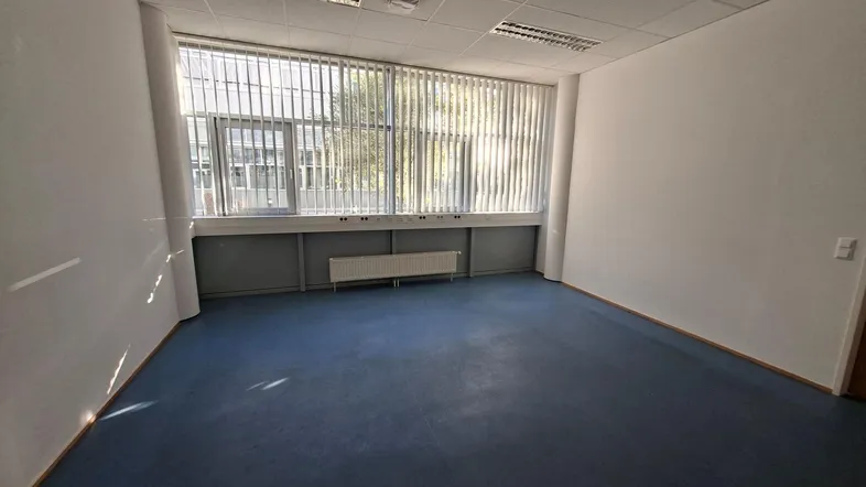 Leerer Büroraum mit blauen Bodenfliesen und großen Fenstern, die viel Tageslicht hereinlassen.