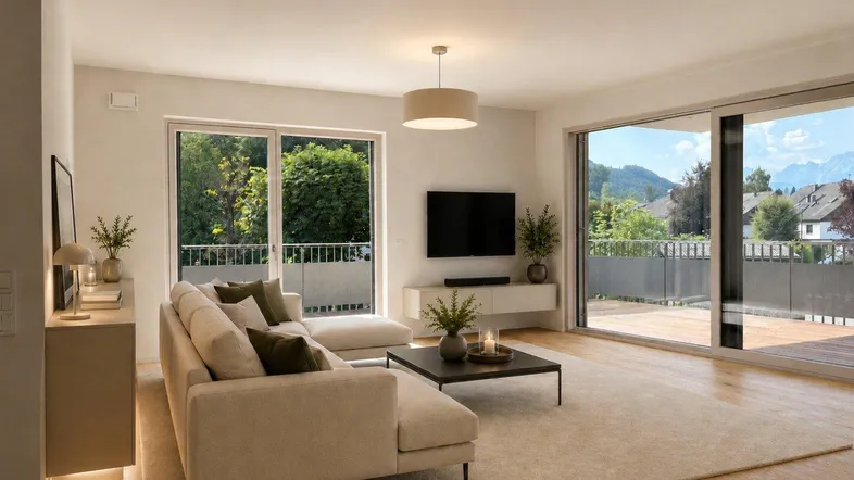 Helles, modernes Wohnzimmer mit beigem Sofa, Holzboden und Zugang zum Balkon mit Bergblick.