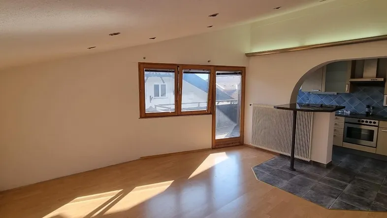 Heller Wohn- und Essbereich mit Parkettboden, integrierter Küchenzeile und Zugang zum Balkon.
