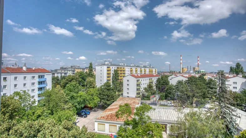 Weitläufiger Blick über die Stadt mit Wohngebäuden, Bäumen und Industrieanlagen im Hintergrund.