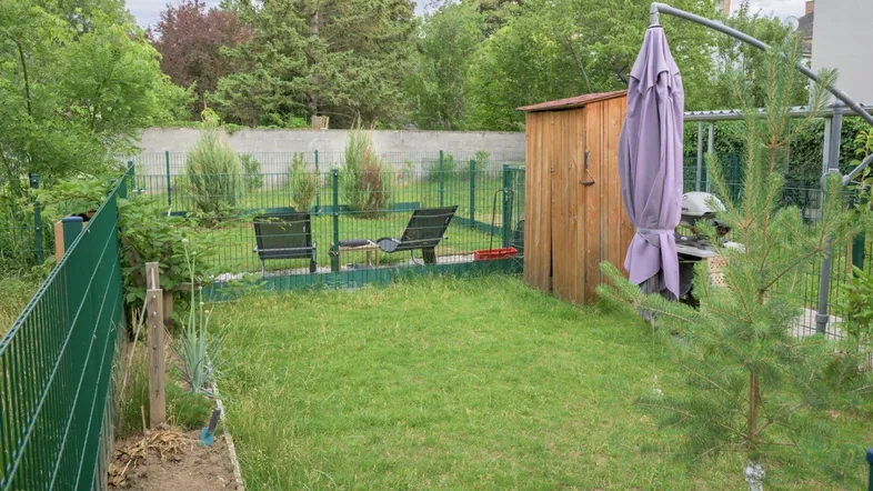 Gepflegter Gartenbereich mit Rasenfläche, Gartenhaus und Sitzgelegenheiten im Freien.