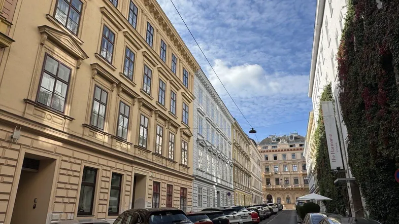 Historische Gebäude entlang einer belebten Straße mit parkenden Autos unter blauem Himmel.