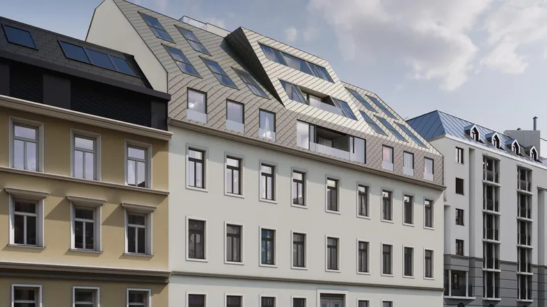 Moderne Dachaufstockung eines Mehrfamilienhauses mit vielen Dachfenstern und Balkonen.