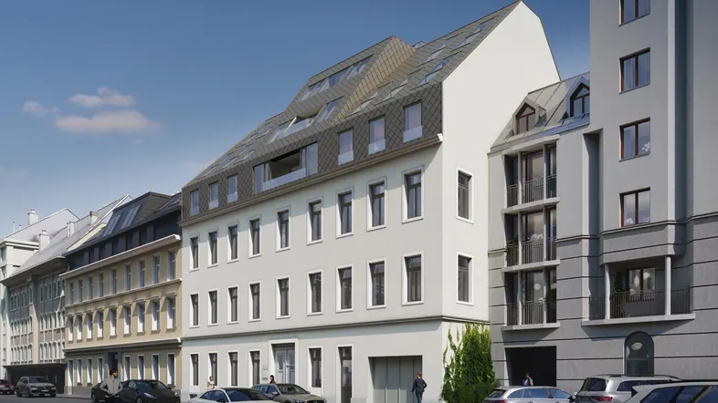 Moderne Wohngebäude-Fassade an einer städtischen Straße mit geparkten Autos und klarem Himmel.