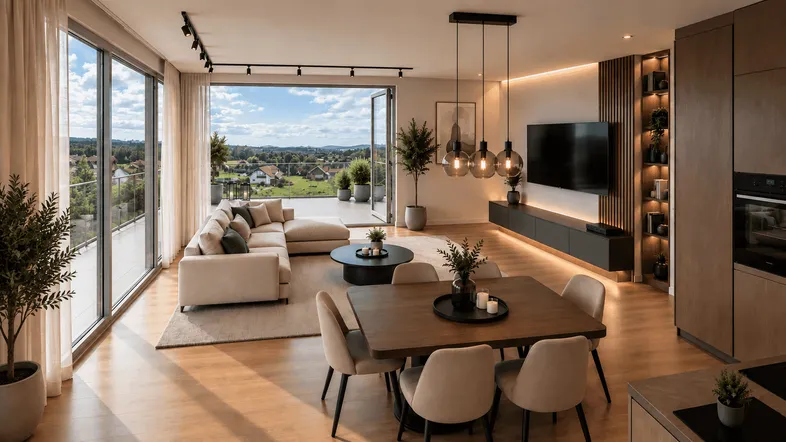 Helles, offenes Wohn-Esszimmer mit Zugang zu einer großen Terrasse und Panoramablick.