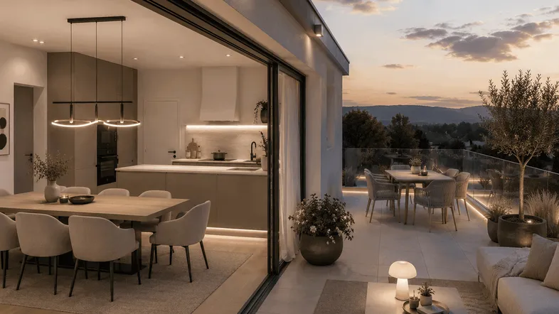 Moderner offener Wohn- und Essbereich mit integrierter Küche und Zugang zu einer großen Terrasse mit Abendsonne.