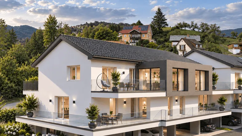 Moderne Wohnanlage mit mehreren Balkonen und Terrassen, umgeben von grüner Hügellandschaft.