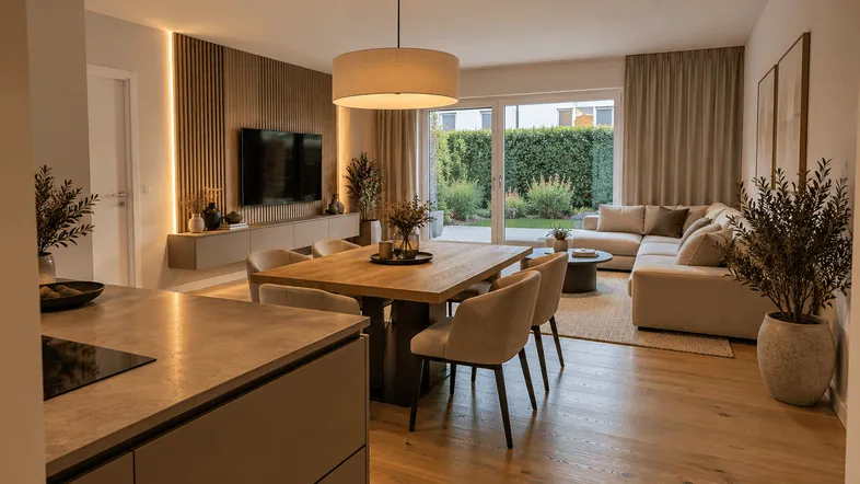 Modernes Wohn-Esszimmer mit Holzboden, integriertem TV-Bereich und Zugang zum Garten.
