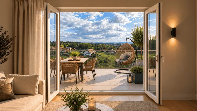 Helles Wohnzimmer mit großen Falttüren, die sich zu einer möblierten Terrasse mit weitem Blick öffnen.