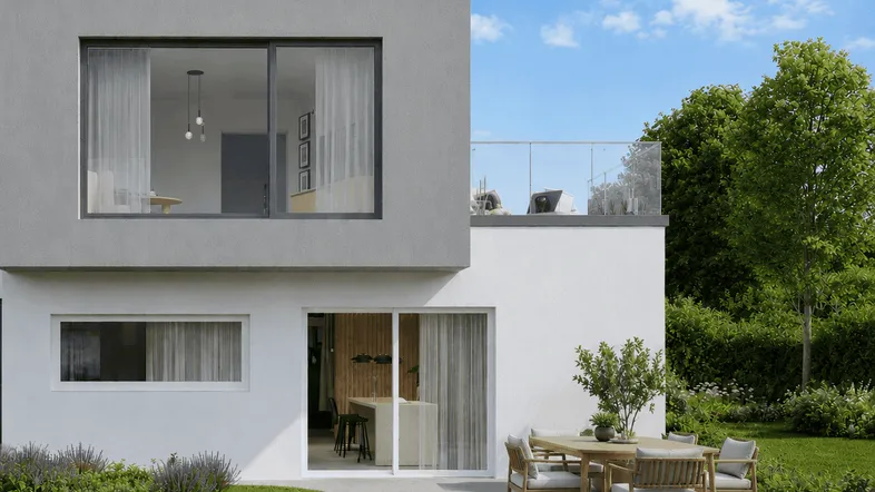 Moderne Architektur mit Flachdach, großzügigem Garten und gemütlicher Außenterrasse.