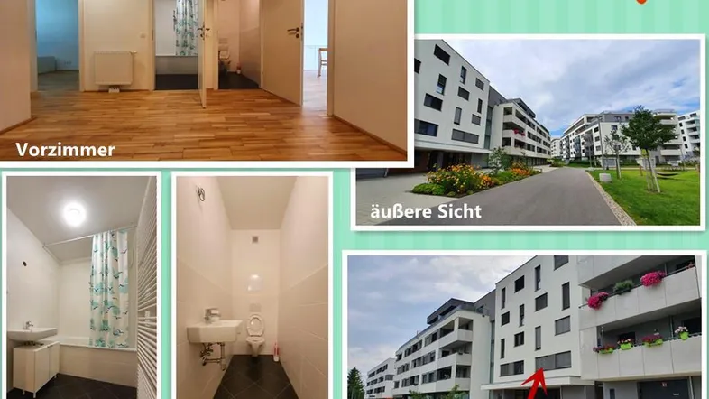 Collage mit hellem Vorzimmer, Badezimmer mit Badewanne und separatem WC sowie Außenansichten des Gebäudes.