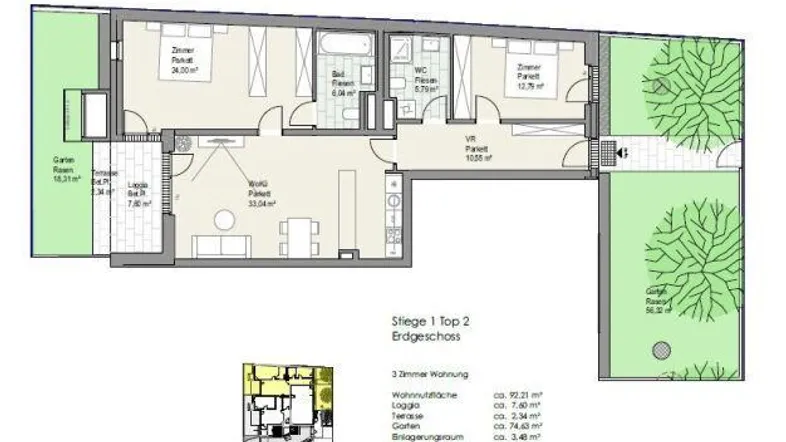Grundriss einer Erdgeschosswohnung mit Wohn-Essbereich, zwei Schlafzimmern, Loggia und Garten.