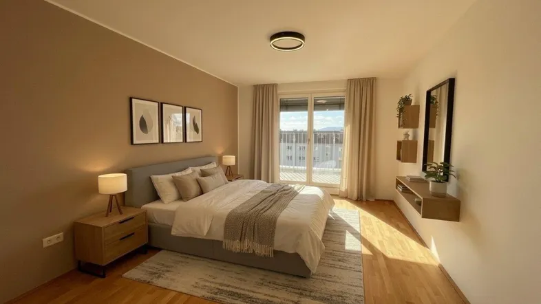 Helles Schlafzimmer mit Holzboden, modernem Bett und Zugang zum Balkon mit Stadtblick.