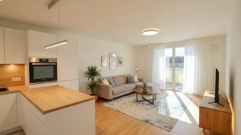 Helles, offenes Wohnzimmer mit integrierter Küche, Holzboden und Zugang zu einem Balkon.