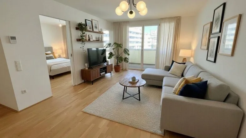 Helles Wohnzimmer mit Parkettboden, modernem Sofa und Zugang zum Balkon, Blick ins Schlafzimmer.