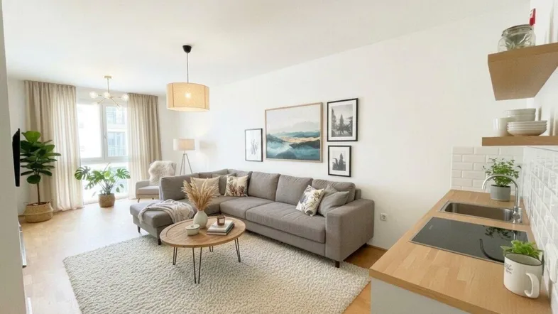 Helles Wohnzimmer mit gemütlichem Sofa, Holzboden und integrierter Küchenzeile für modernes Wohnen.