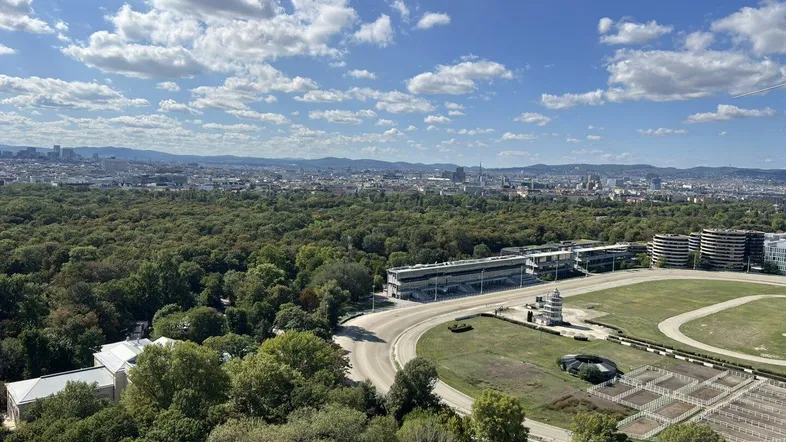 Weitläufiger Blick über eine grüne Parklandschaft und die Skyline der Stadt unter blauem Himmel.