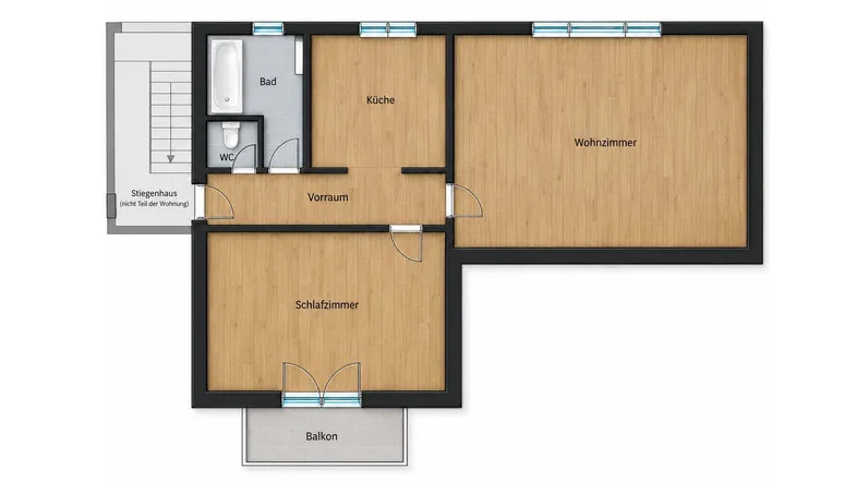 Grundriss der Wohnung zeigt Wohnzimmer, Schlafzimmer, Küche, Bad, WC und einen Balkon.