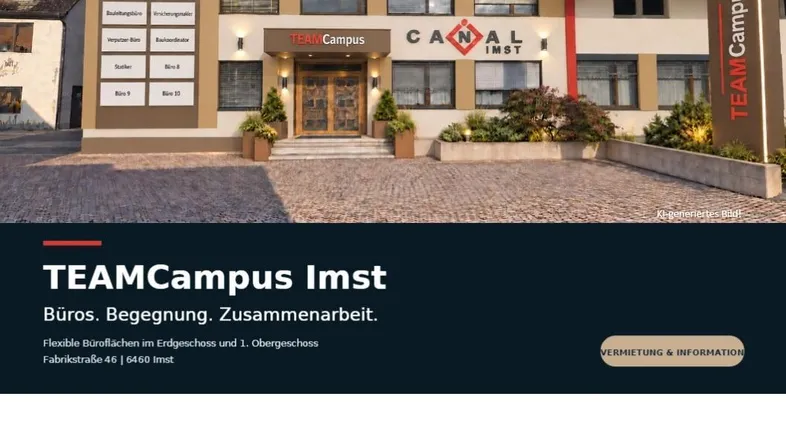 Modernes Bürogebäude mit markanter Fassade und Eingangsbereich, umgeben von gepflegten Grünflächen.