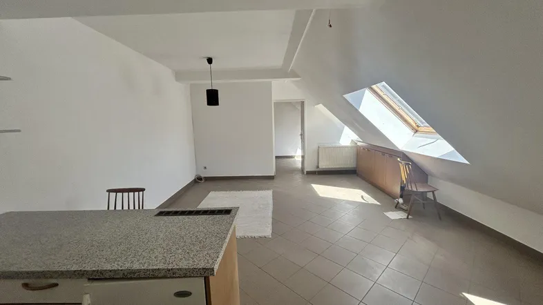 Helles Dachgeschoss-Apartment mit offener Wohnküche, Fliesenboden und Dachfenster.
