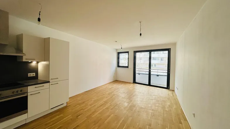 Heller Wohnbereich mit Parkettboden, integrierter Küchenzeile und Zugang zum Balkon.