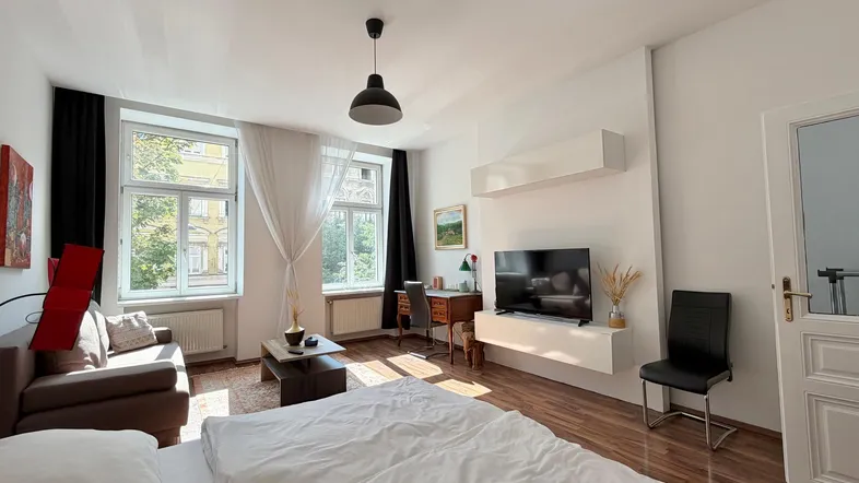 Helles Wohnzimmer mit Schlafbereich, Holzboden und Blick auf die Straße.