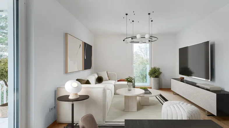 Visualisierung eines modernen Wohnbereichs mit hellem Sofa, Couchtischen und großem Fernseher.