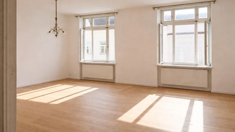 Helles, leeres Zimmer mit Parkettboden und großen Fenstern, das viel Sonnenlicht hereinlässt.