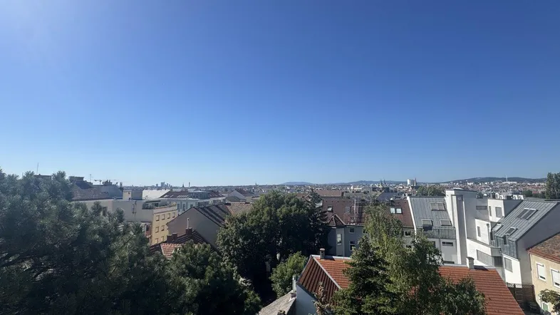 Weitläufiger Panoramablick über die Stadt mit vielen Dächern und grünen Baumwipfeln unter blauem Himmel.