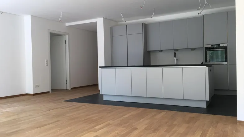 Moderner offener Wohnbereich mit grauer Einbauküche, Kücheninsel und Holzboden.