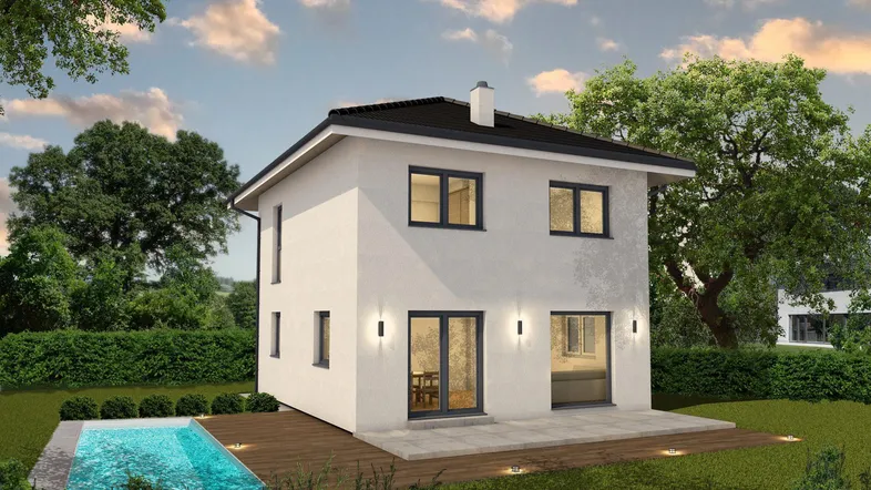 Moderne Neubauvilla mit privatem Pool, Holzterrasse und gepflegtem Gartenbereich unter blauem Himmel.