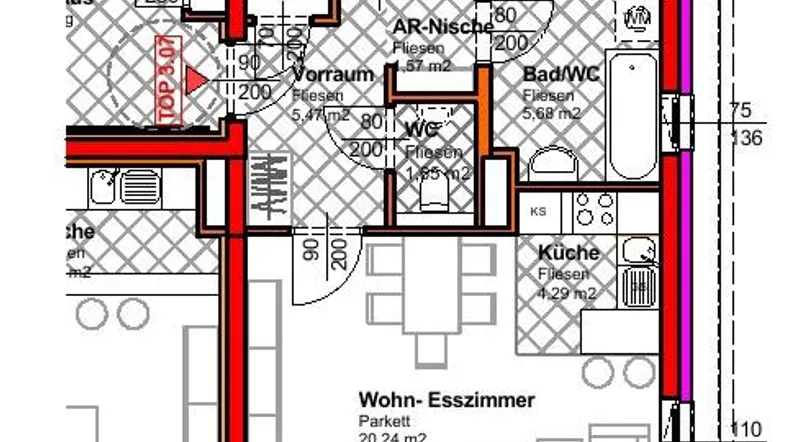 Grundriss einer Wohnung mit Schlafzimmer, Wohn-Esszimmer, Küche, Bad und Terrasse.