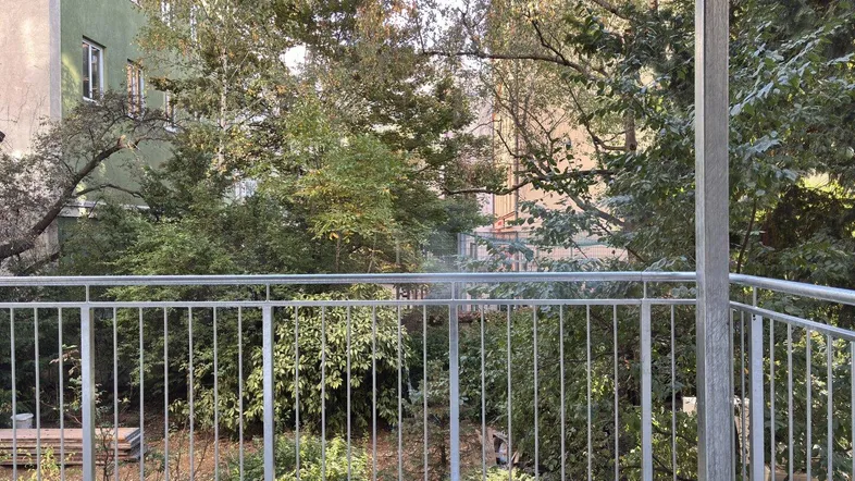 Blick vom Balkon auf den begrünten Innenhof mit Bäumen und Sträuchern, umgeben von Gebäuden.