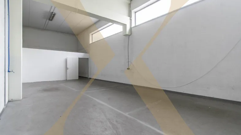 Geräumiger, leerer Industrieraum mit hohen Decken, Betonboden und großen Fenstern für Tageslicht.