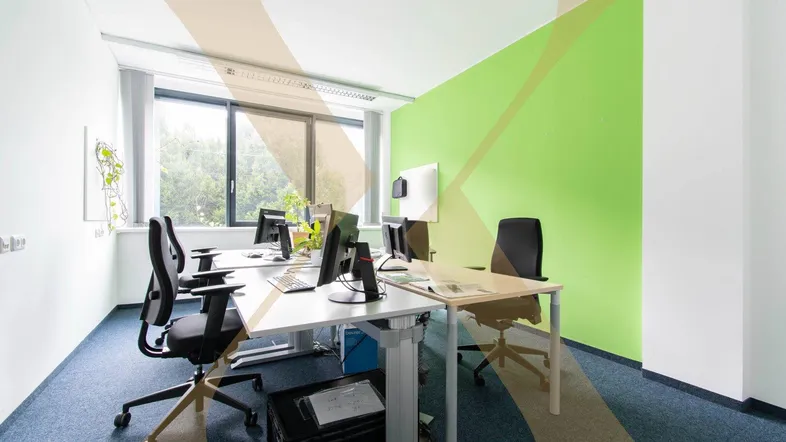 Helles und modernes Büro mit mehreren Arbeitsplätzen, grüner Akzentwand und großen Fenstern.