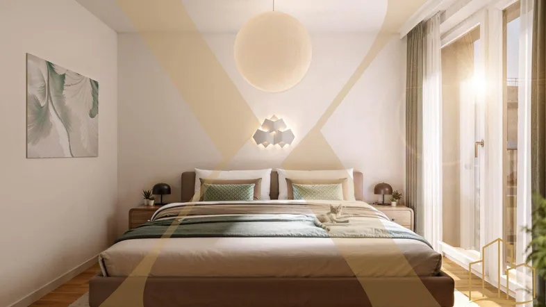 Helles, modern eingerichtetes Schlafzimmer mit großem Bett, Holzboden und Zugang zum Balkon.