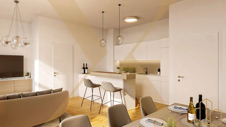 Helles, offenes Wohnzimmer mit integrierter Küche, Essbereich und Holzboden.