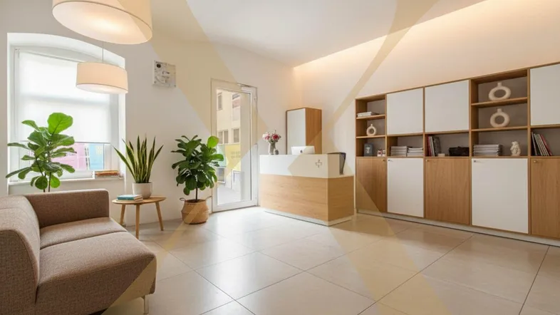 Heller und moderner Empfangsbereich mit stilvoller Einrichtung, Pflanzen und einem funktionalen Rezeptionstresen.