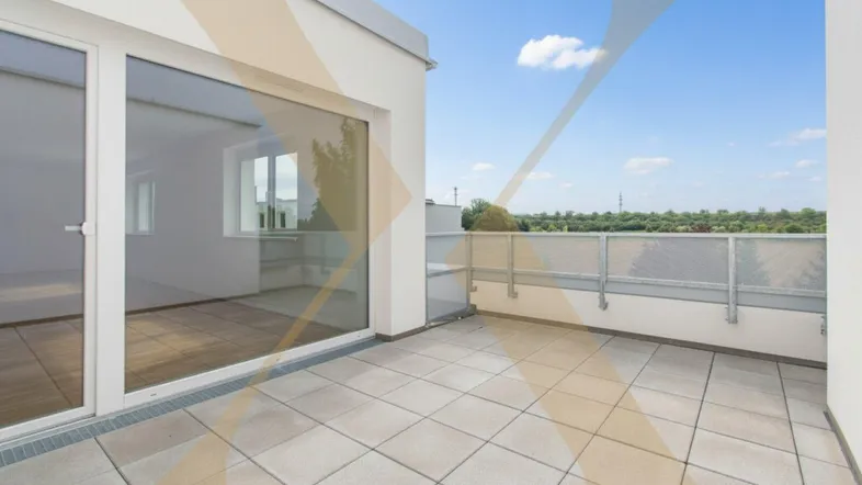Geräumige Dachterrasse mit Fliesenboden, Glasfront und weitem Blick ins Grüne unter blauem Himmel.