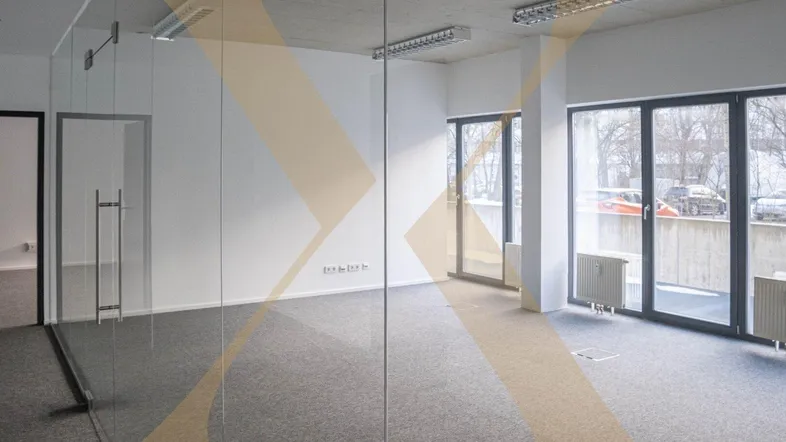 Modernes Büro mit Glaswänden, Teppichboden und großen Fenstern, die viel Tageslicht hereinlassen.