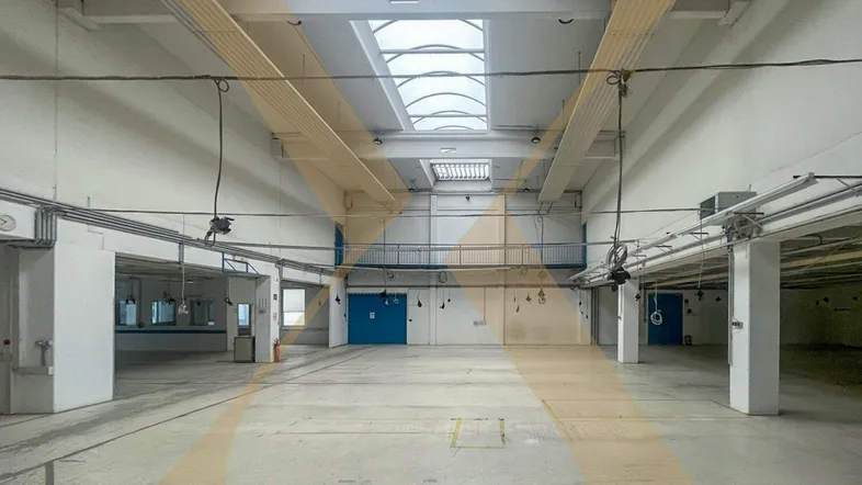 Großer, leerer Industrieraum mit hohen Decken, Betonboden und Oberlichtern, ideal für gewerbliche Nutzung.